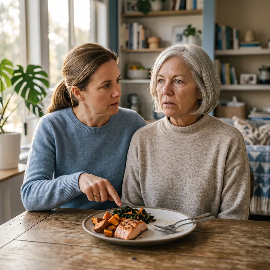 Older woman who has missed food on the left side of her plate