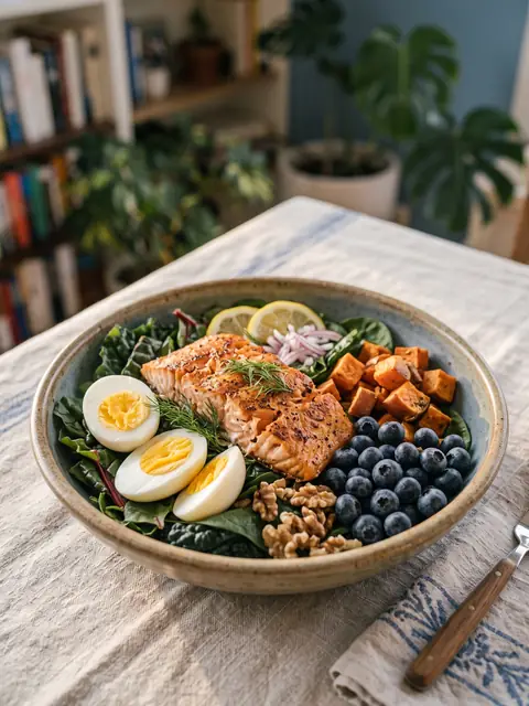 Brain-healthy nutrition: leafy greens, salmon, eggs, sweet potato, blueberries and walnuts