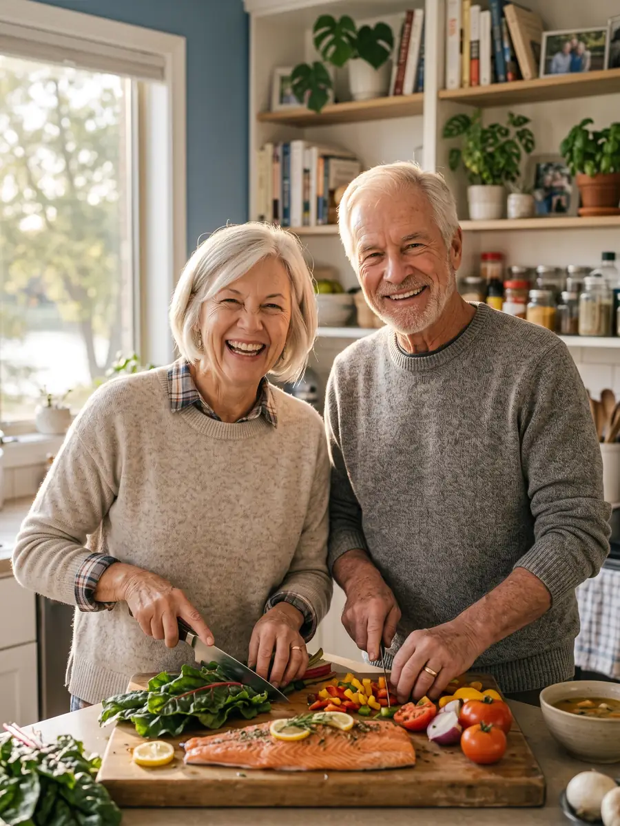 Older couple cooking vegetables and salmon together