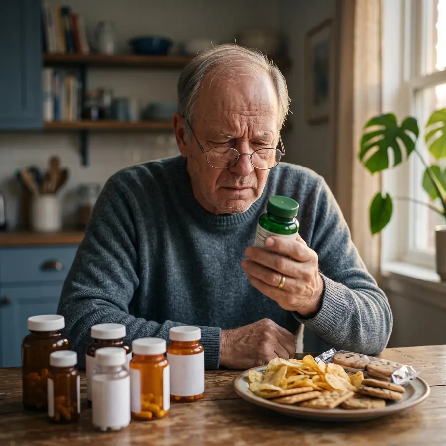 Older man squinting at a supplement bottle among pill bottles