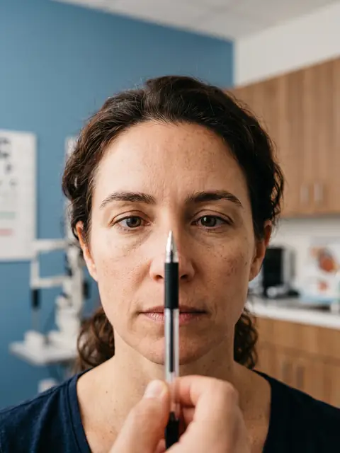Woman focusing both eyes on a pen tip during a binocular vision test
