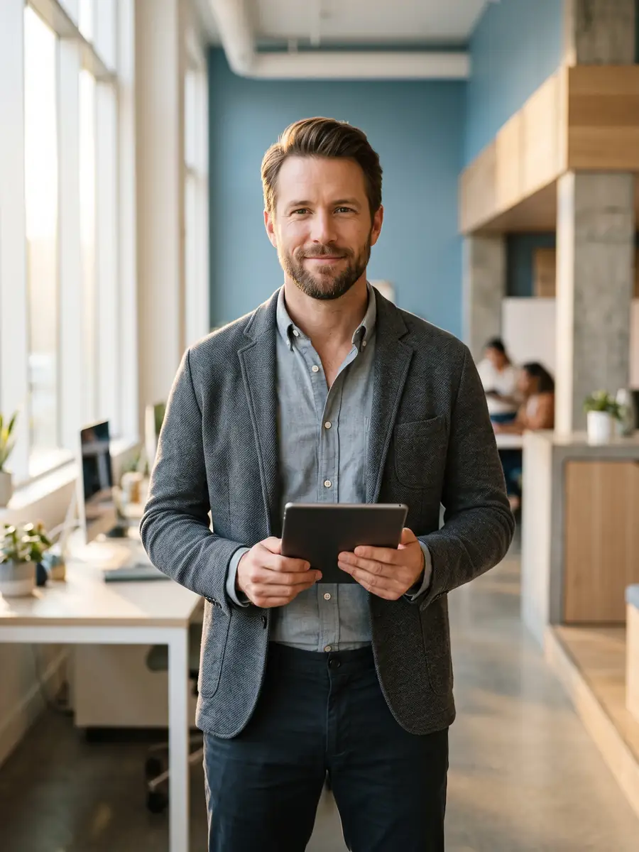 Relaxed man in a bright office reading comfortably on a tablet