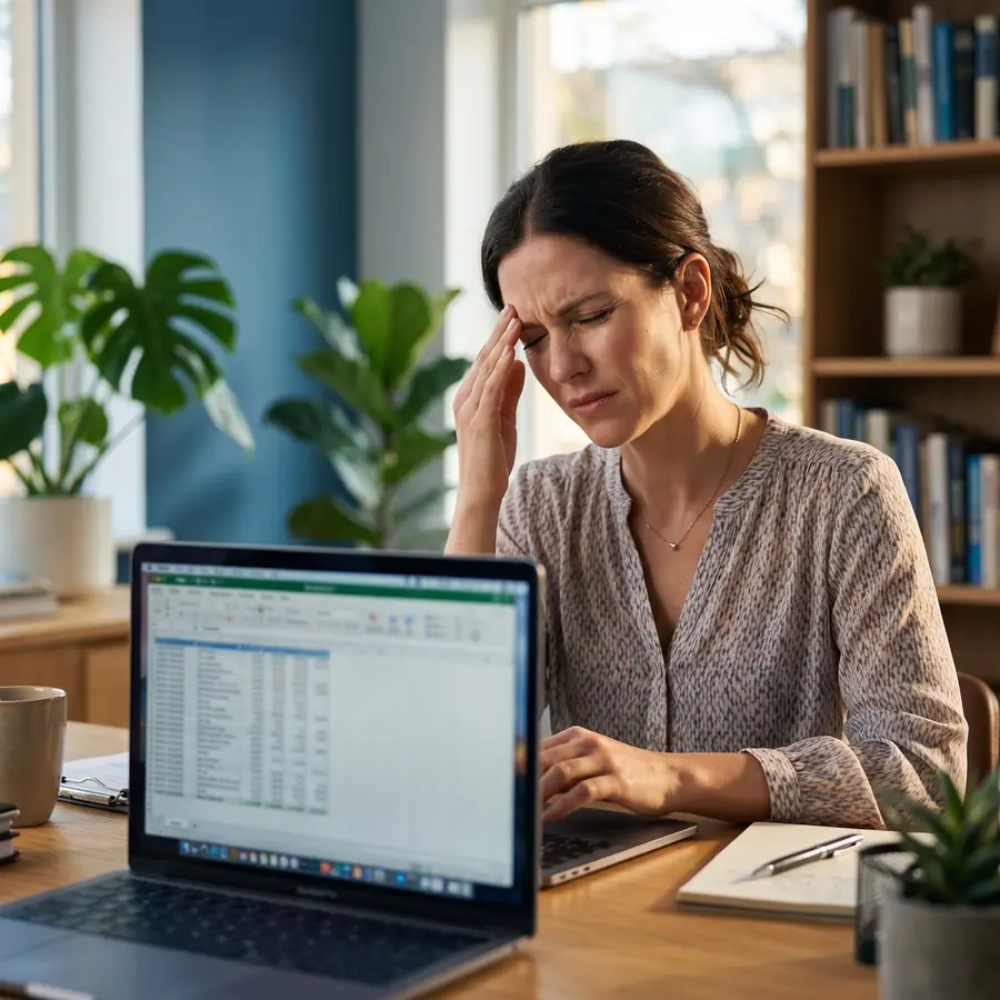 Woman at a laptop rubbing her temple from eye strain and headache