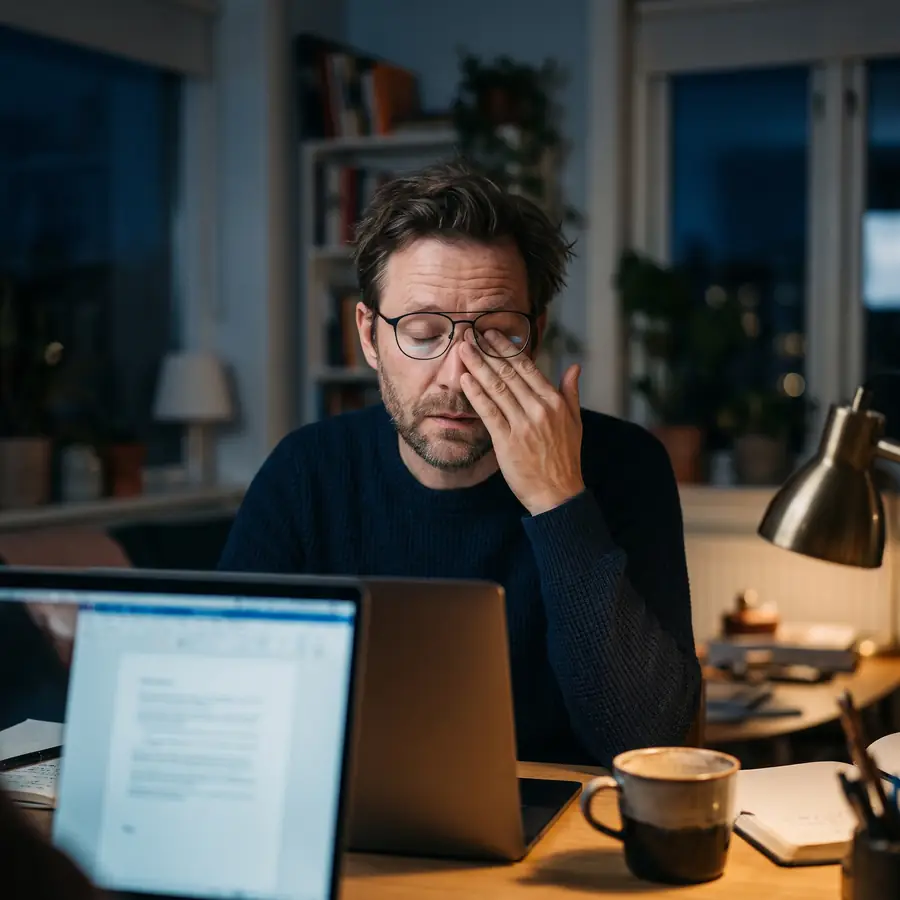 Exhausted man rubbing his eyes at his desk after a long day of screen work
