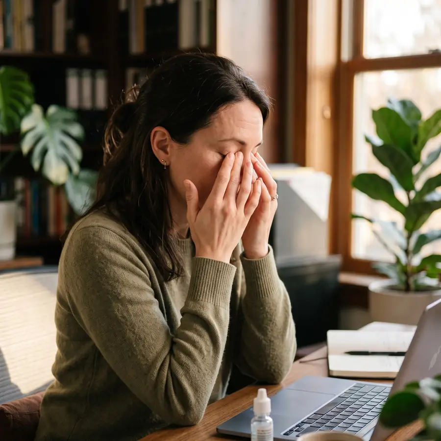 Woman at her office desk pressing her fingers to tired, dry eyes