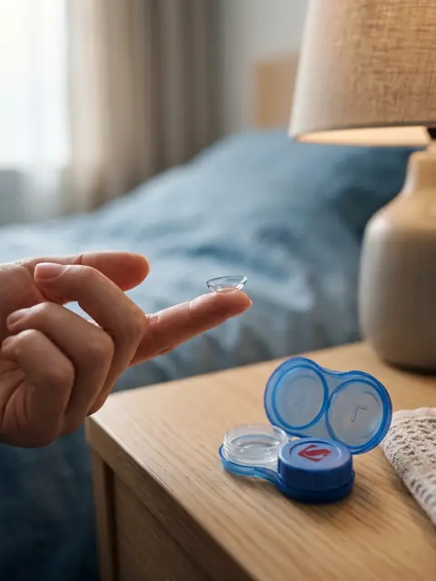 Ortho-K lens on a fingertip beside an open lens case