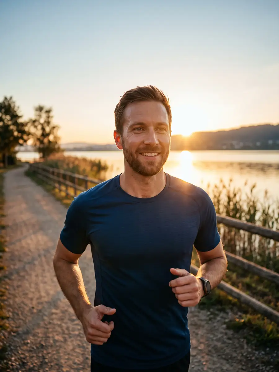 Man jogging by a lake at sunrise without glasses