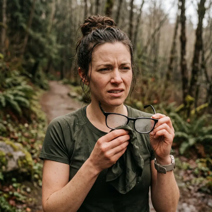 Frustrated woman wiping fogged glasses after a workout