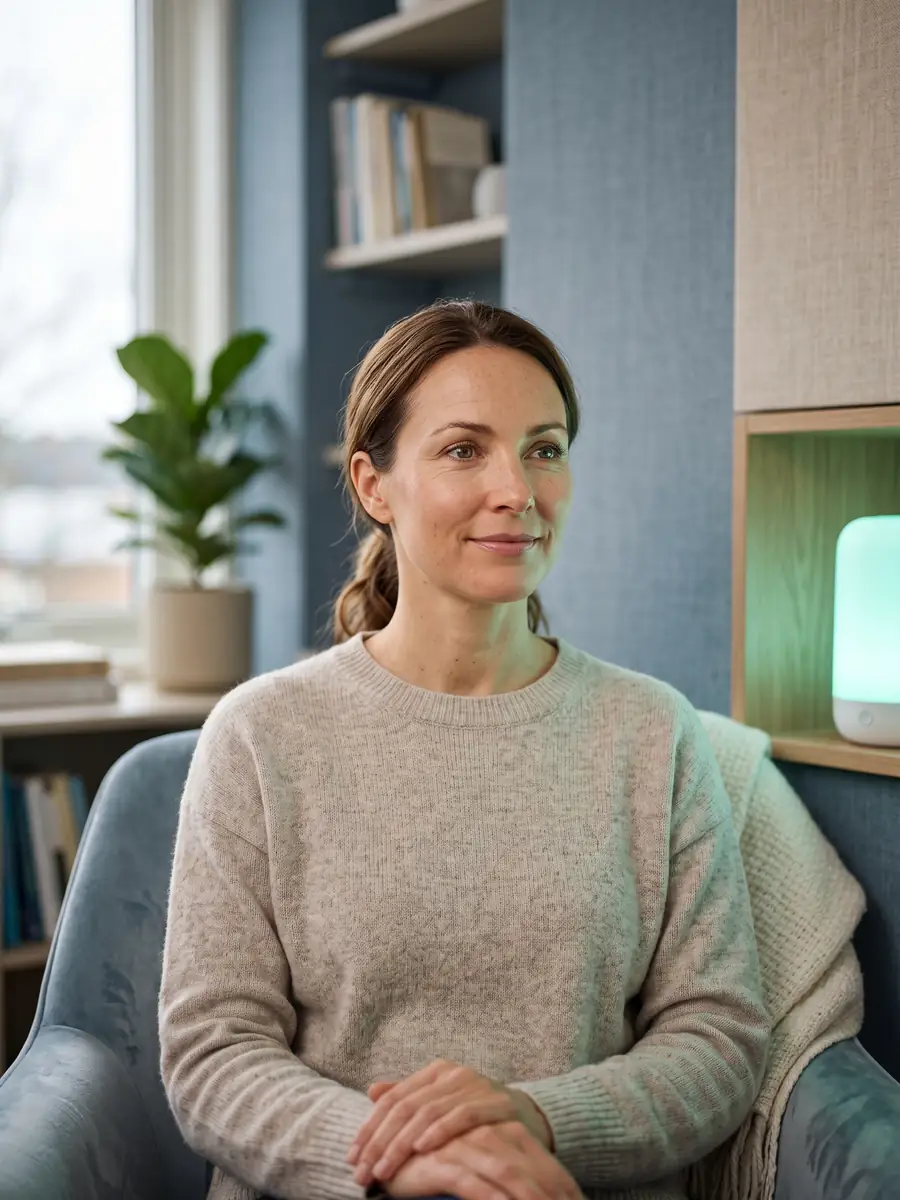 Relaxed woman in a calm therapy room gazing into soft teal light