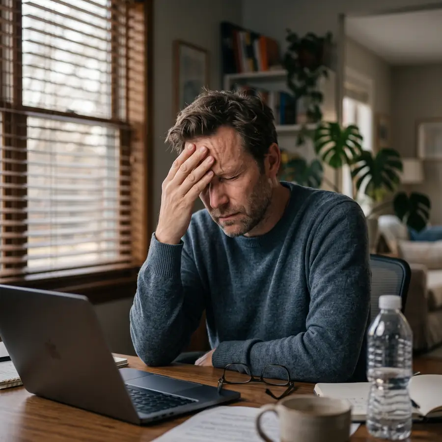 Man holding his forehead at his desk with a lingering headache