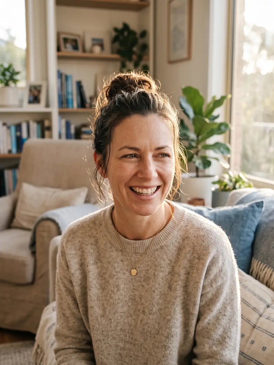 Smiling woman at home wearing specialty contact lenses instead of glasses