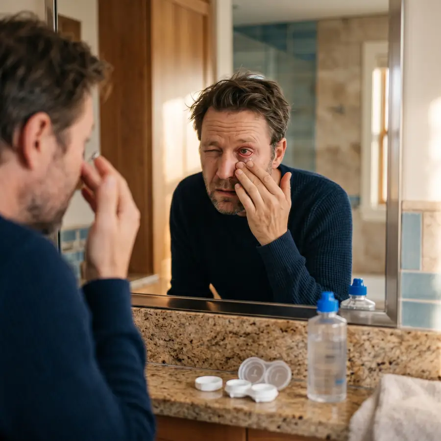 Man removing an uncomfortable contact lens at a bathroom mirror