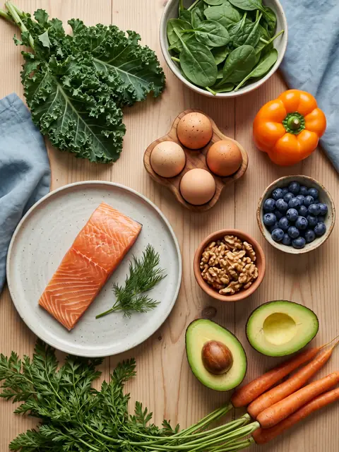 Nutrition for eye health: spinach, kale, salmon, eggs, berries, walnuts and avocado