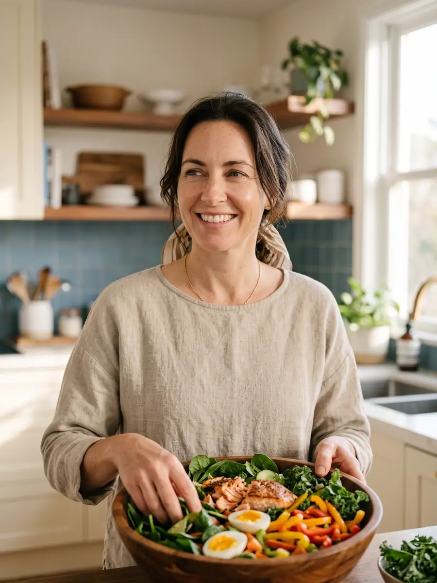 Woman preparing a salad with leafy greens, salmon and eggs