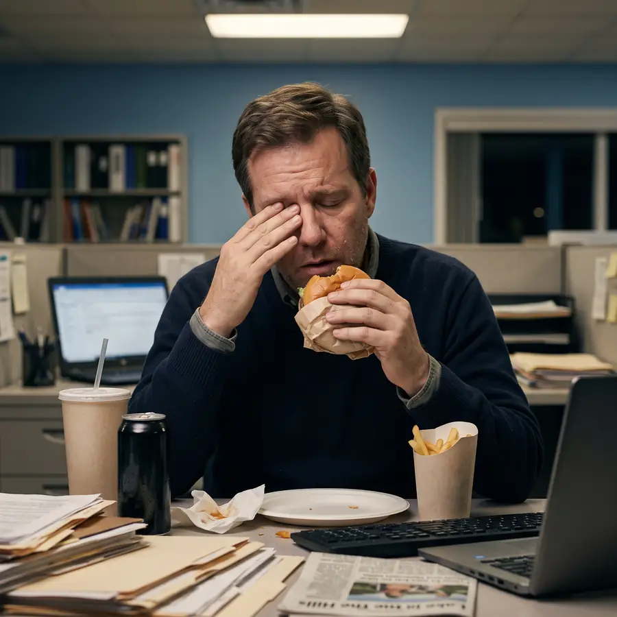 Tired man eating fast food at his desk while rubbing his eye