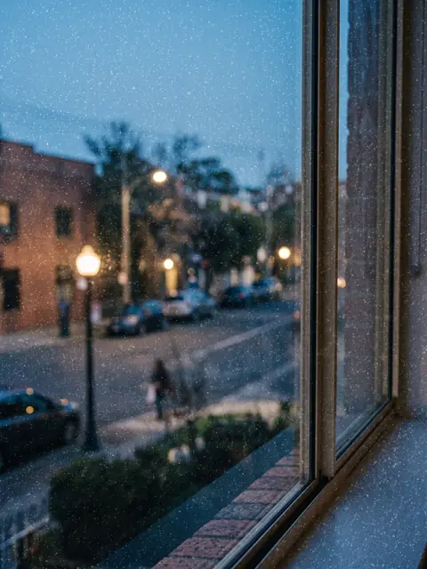 City street at dusk overlaid with static-like dots, simulating visual snow syndrome