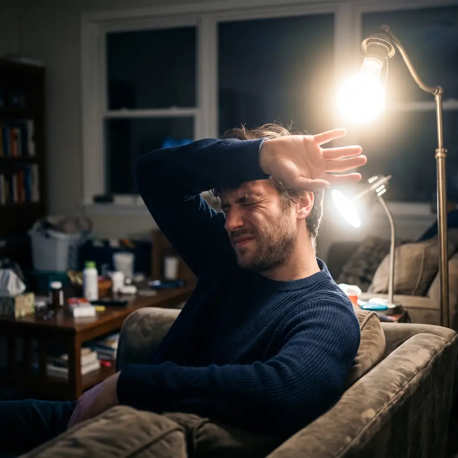 Man on a couch shielding his eyes from a bright lamp