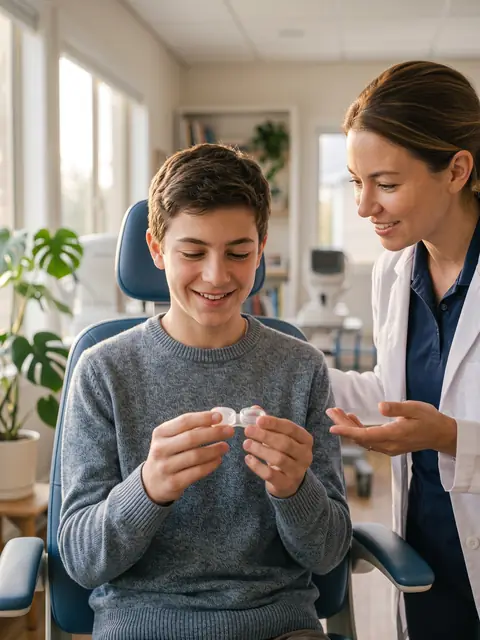 Teen holding a contact lens case while an optometrist explains myopia management