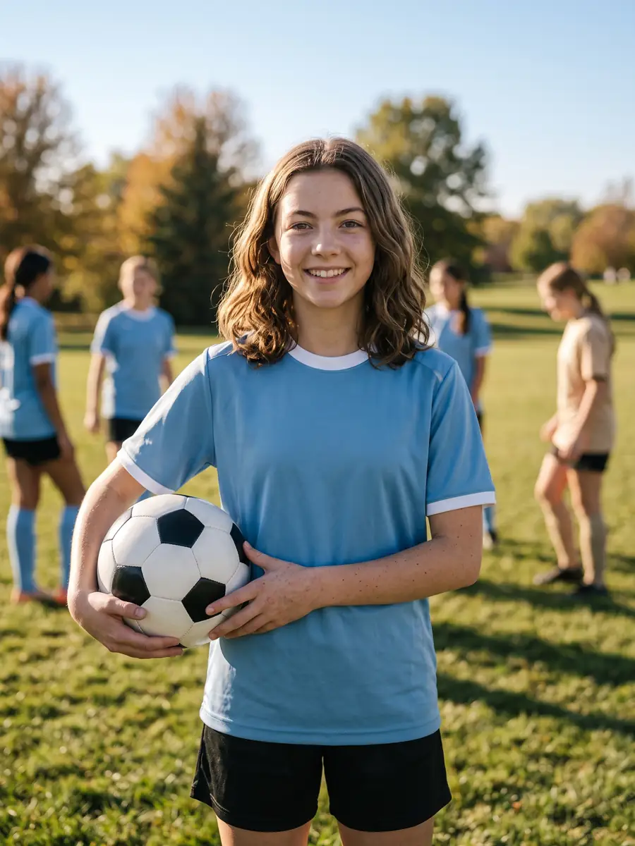 Smiling teenage girl on a soccer field without glasses