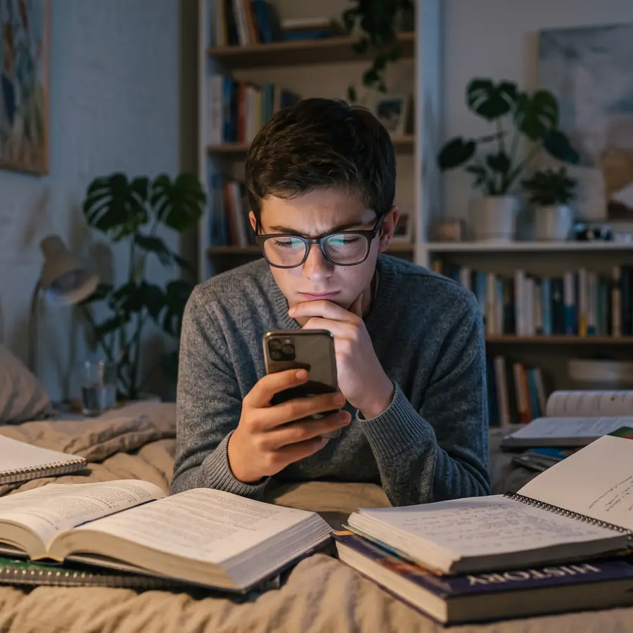 Teen boy squinting at his phone held close to his face at night