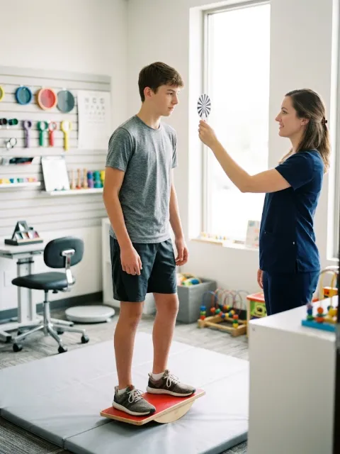 Teen on a balance board tracking a target held by a vision therapist
