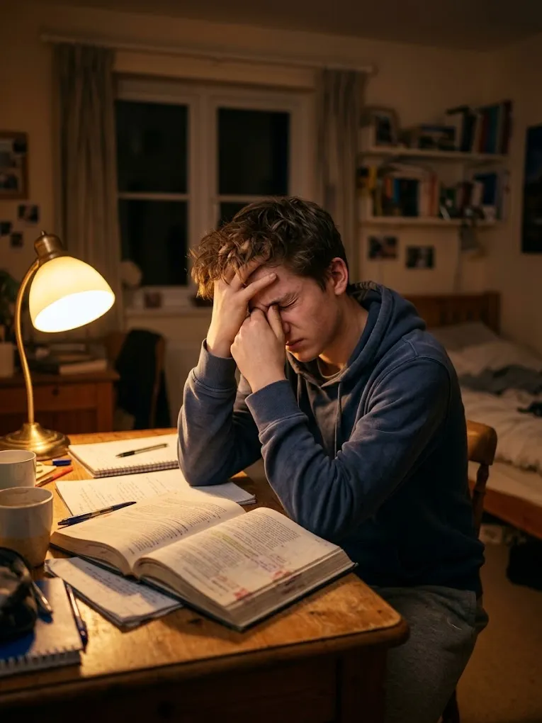 Teenage student at a desk rubbing tired eyes after a long study session