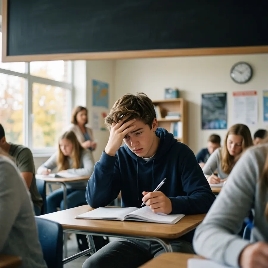 Teenage boy struggling to copy notes from the board in class
