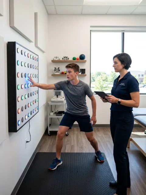 Teen athlete reacting to a light board during a sports vision training session