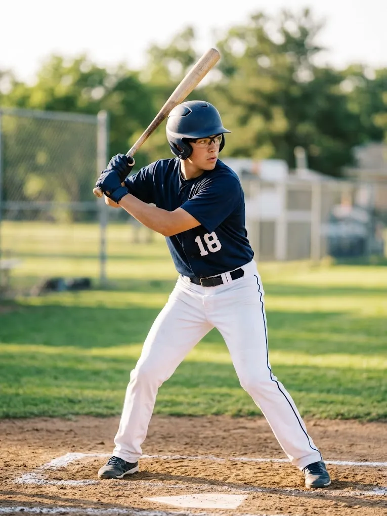 Teenage baseball player in a batting stance, eyes focused on an incoming pitch