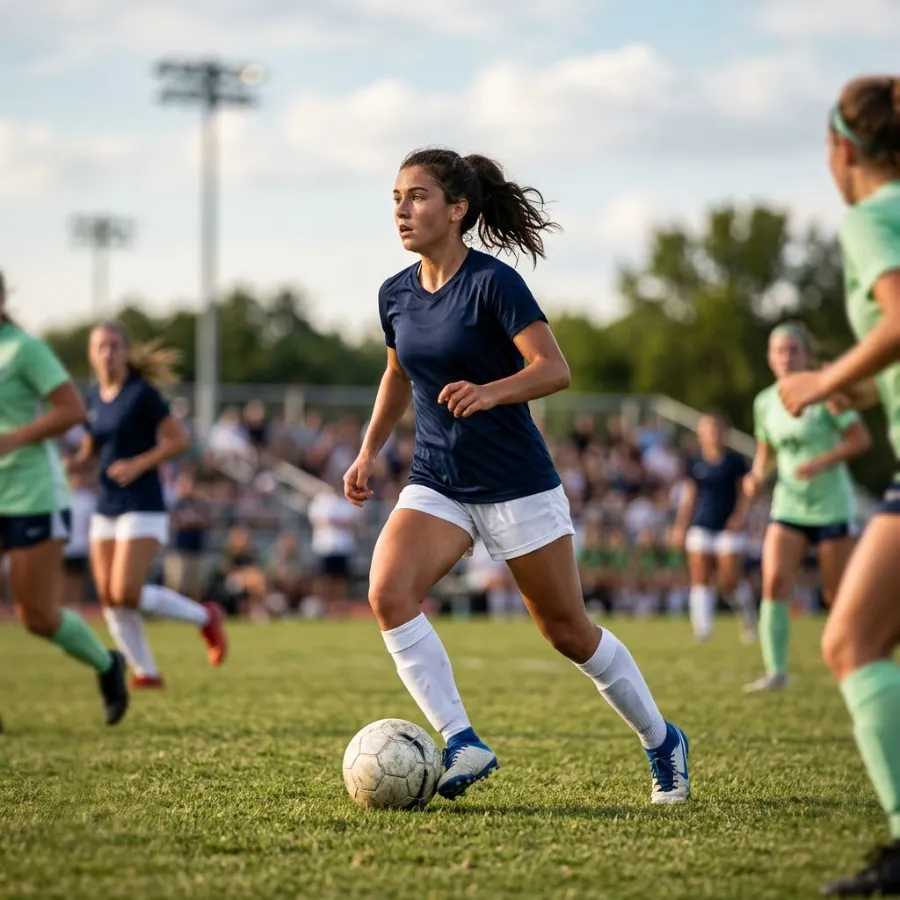 Teen soccer midfielder with her head up, scanning the field with the ball at her feet